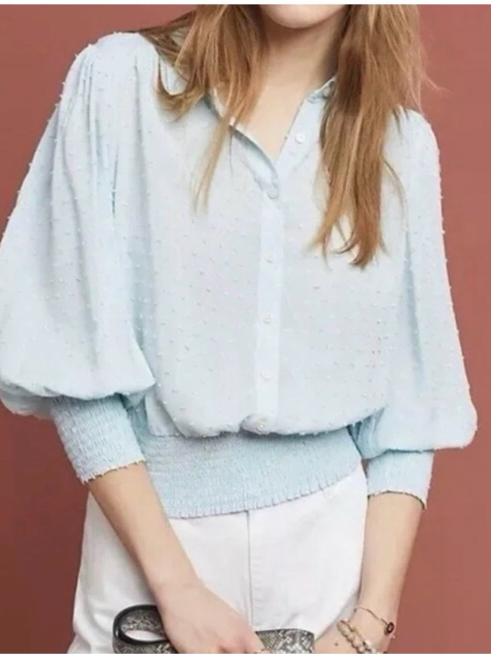 Anthropologie Pale Blue Puff-Sleeve Button Front Blouse